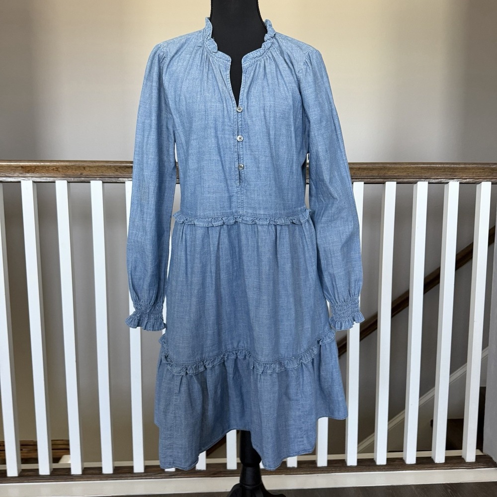 J Crew Dress Size 6 Blue Chambray Ruffle Tiered Long Sleeve Cotton Cottage Boho